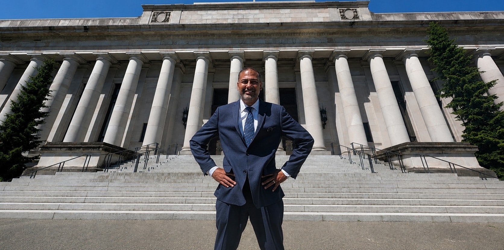 Karim Merchant on the steps of the Washington State Temple of Justice
